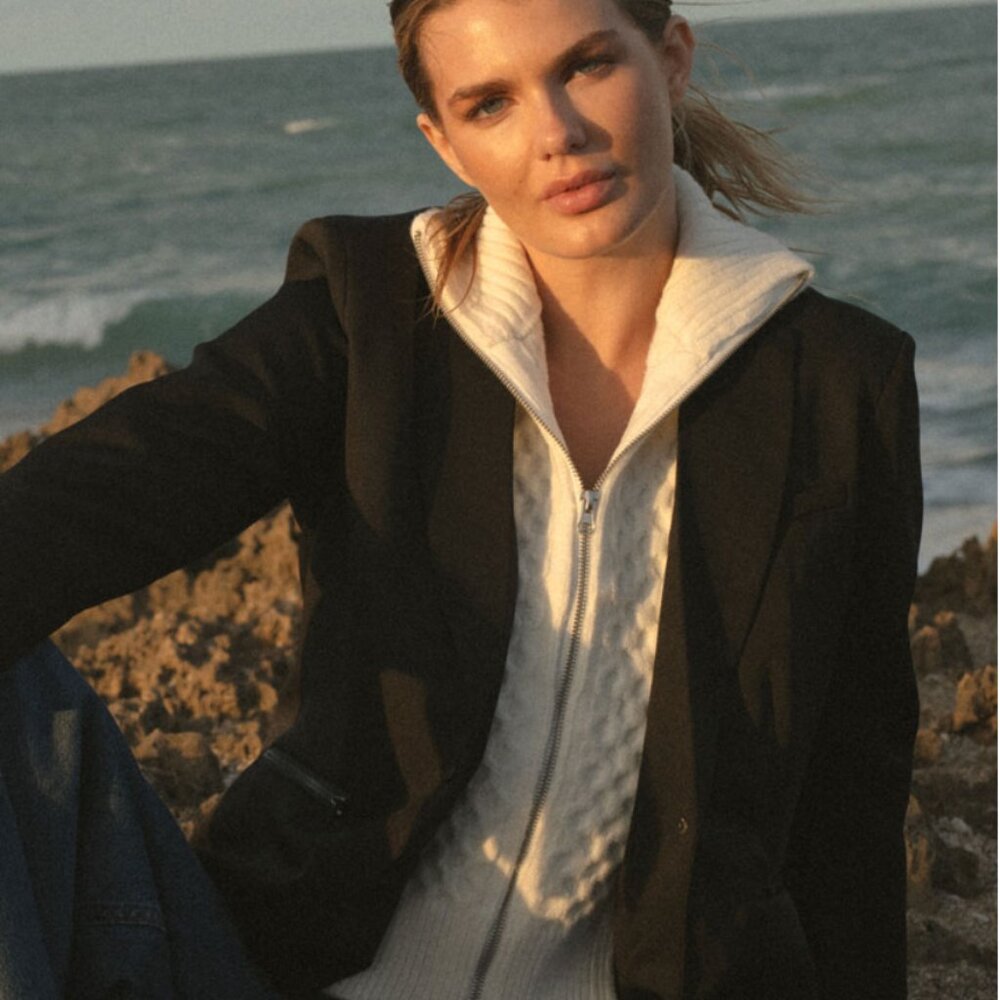 Elan Black Blazer with Cream Zip-Up Knit Layered Look